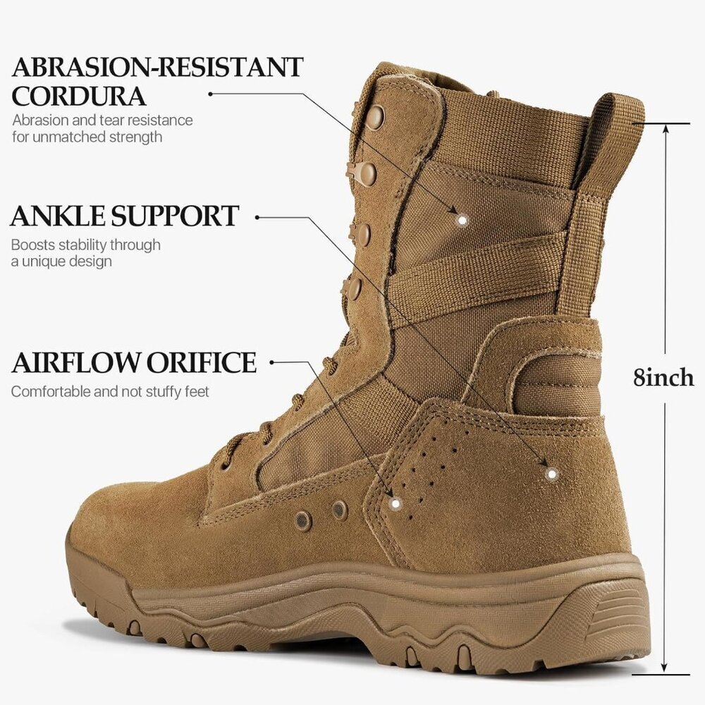 Men's Suede Leather Bright Brown 8" Lightweight Military Work Combat Desert Boot - Picture 3 of 8